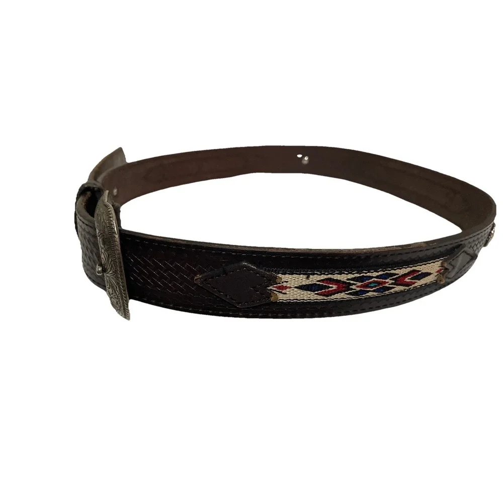 Southwest Basket Weave Inlaid Tapestry Buttons Leather Men's Belt Size 44